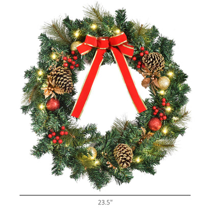 Christmas Wreath 24" Pre-Lit Artificial Greenery Xmas Spruce Wreath Cones Red Berries 20 LED Lights Battery Operated