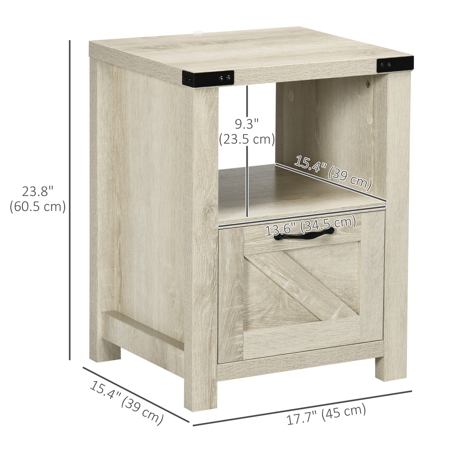Side Table with Storage, Farmhouse End Table with Drawer, Open Shelf and Barn-style Panel, Nightstand for Living Room, B
