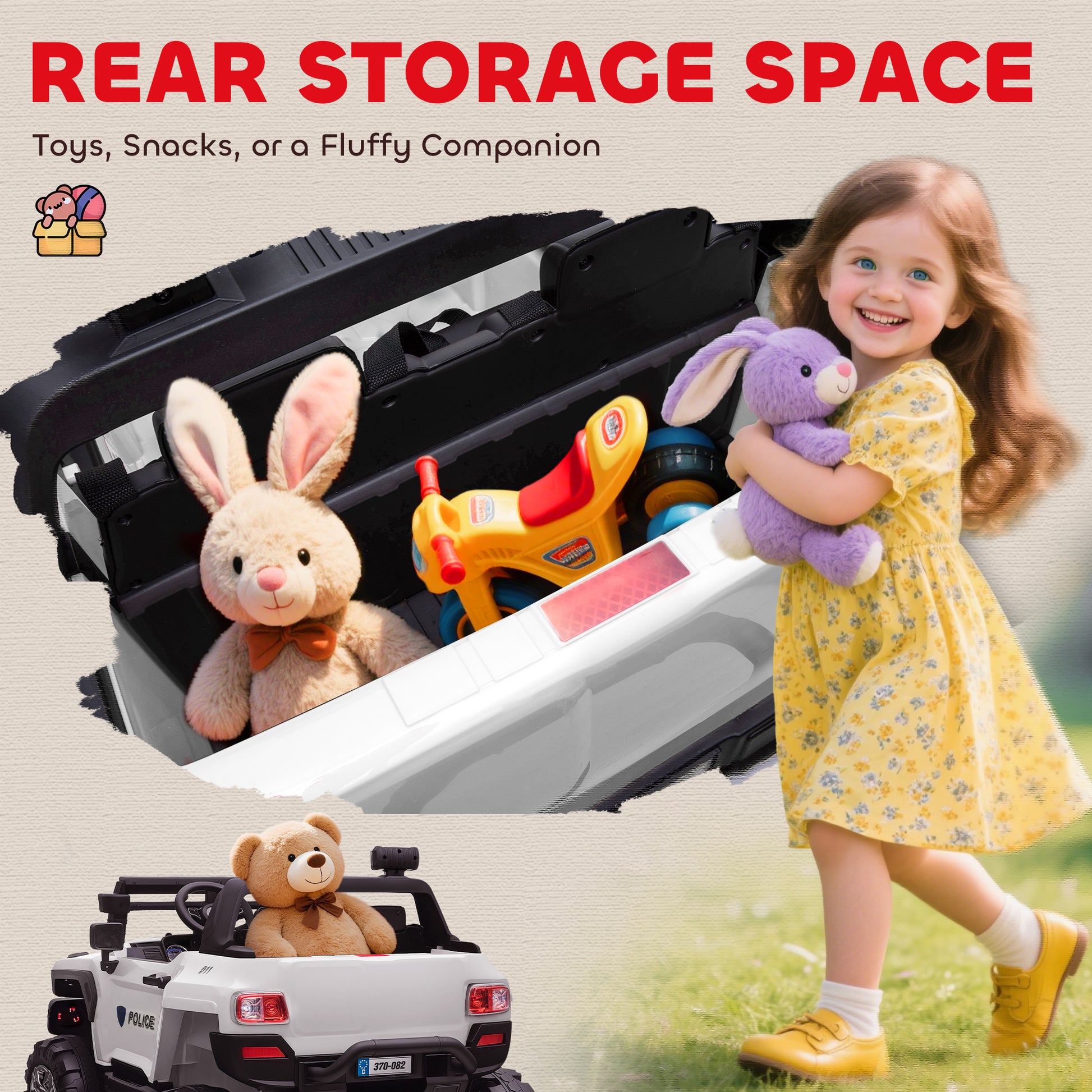 VarietyKart Kids 2 Seater Ride-On Car Police Truck Electric with LED Lights & MP3 for Kids White