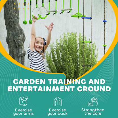 Qaba Obstacle course for Kids, with 10-Piece Slackline Kit with Monkey Bars, Gym Rings, Rope Ladder, Nest Swing, Hanging