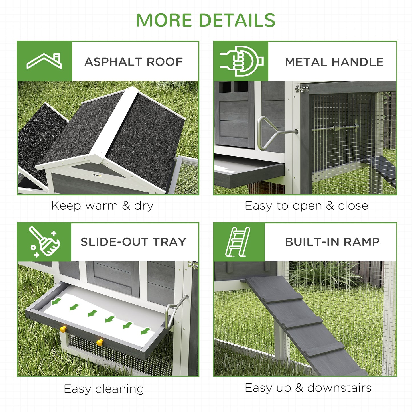 117" Extra Large Chicken Coop with Asphalt Roof, Wooden Hen House with Slide-out Tray, Quail Hutch with Nesting Box, Gre