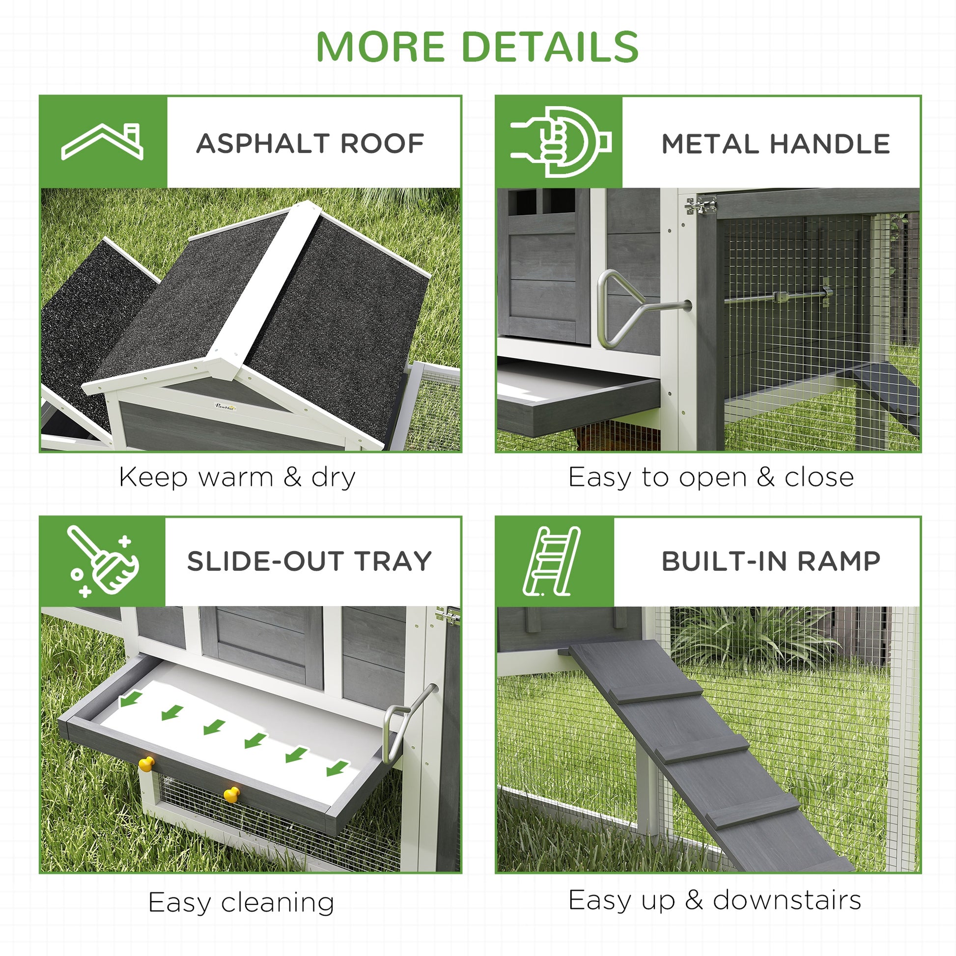 117" Extra Large Chicken Coop with Asphalt Roof, Wooden Hen House with Slide-out Tray, Quail Hutch with Nesting Box, Gre