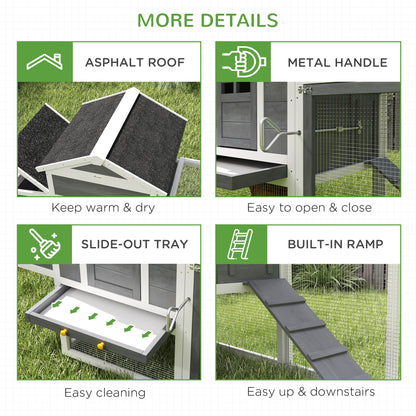 117" Extra Large Chicken Coop with Asphalt Roof, Wooden Hen House with Slide-out Tray, Quail Hutch with Nesting Box, Gre
