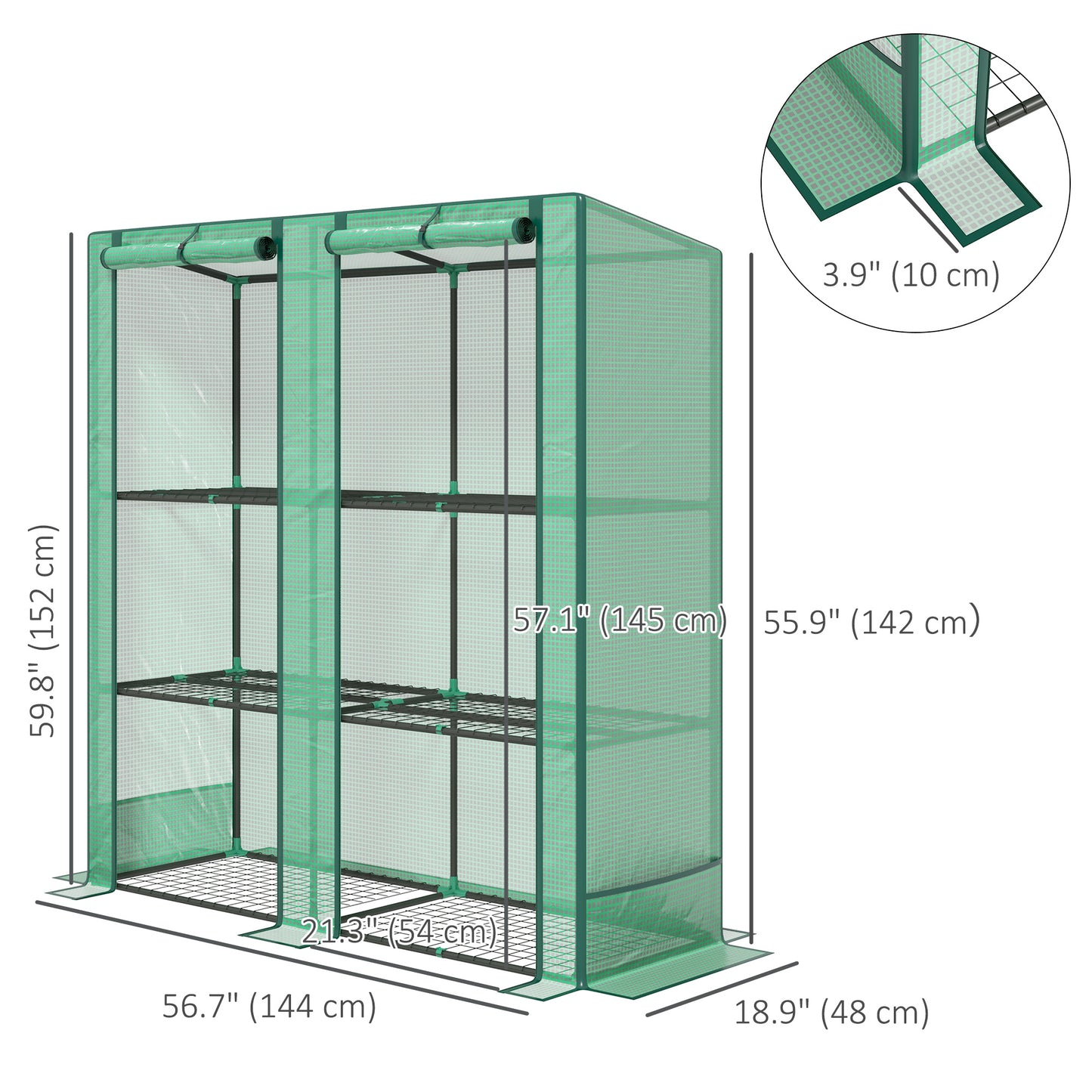 Lean-to Greenhouse with 3 Tier Shelves, Mini Greenhouse with 2 Roll-Up Doors for Indoor Outdoor, Green