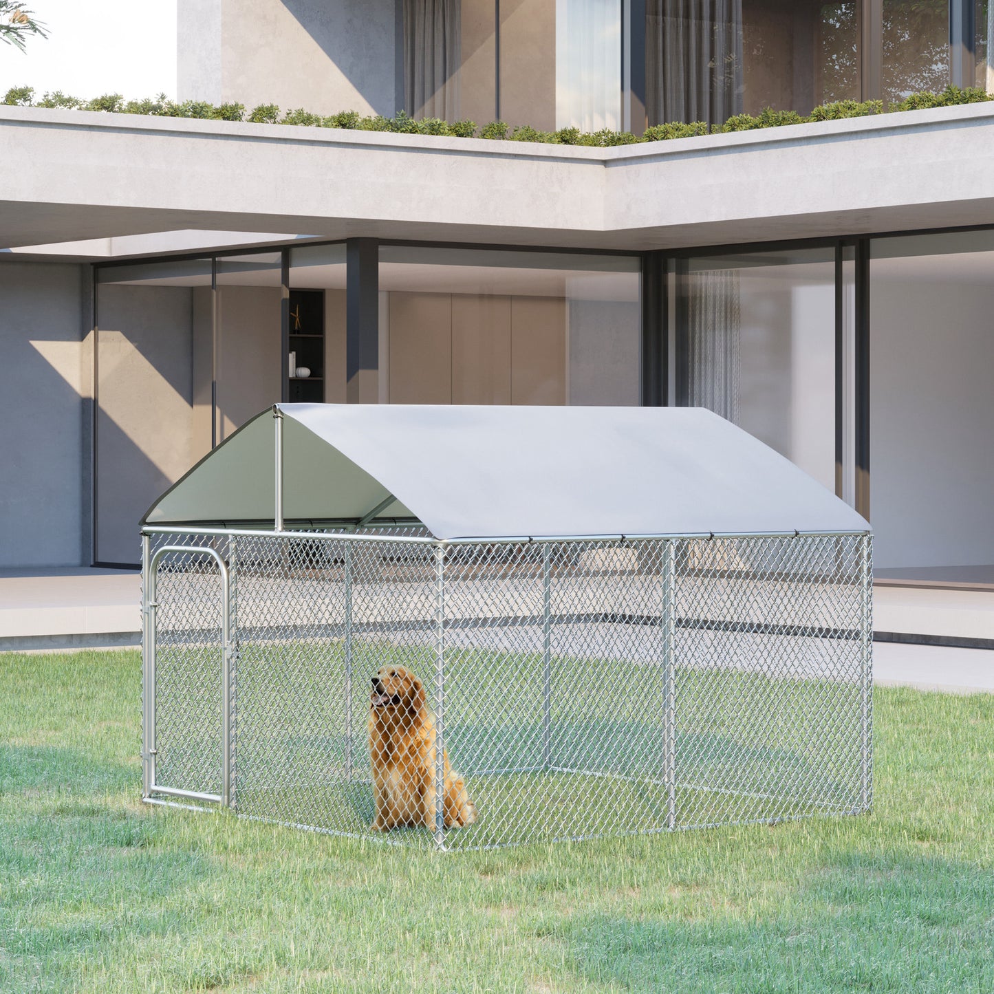 Outdoor Dog Kennel  with Roof, Dog Run with Waterproof & UV-Resistant Cover, Secure Lock, for Backyard & Patio, 7.5' x 7