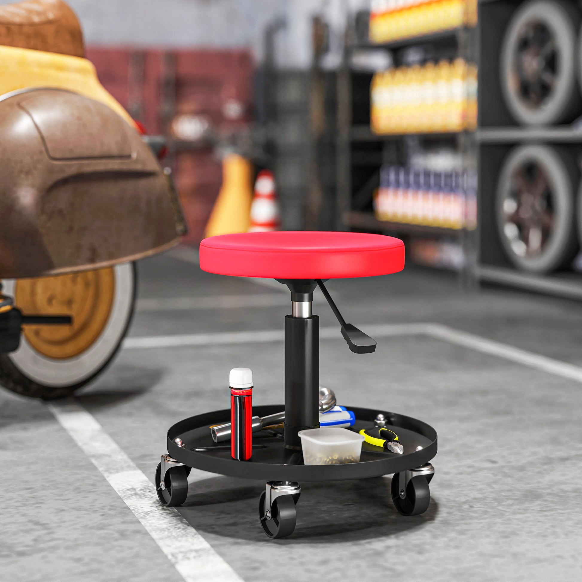 Rolling Garage Stool, 300 LBS Capacity Padded Mechanic Stool with 2.5" Wheels, Adjustable Height 15" -19.7", Red