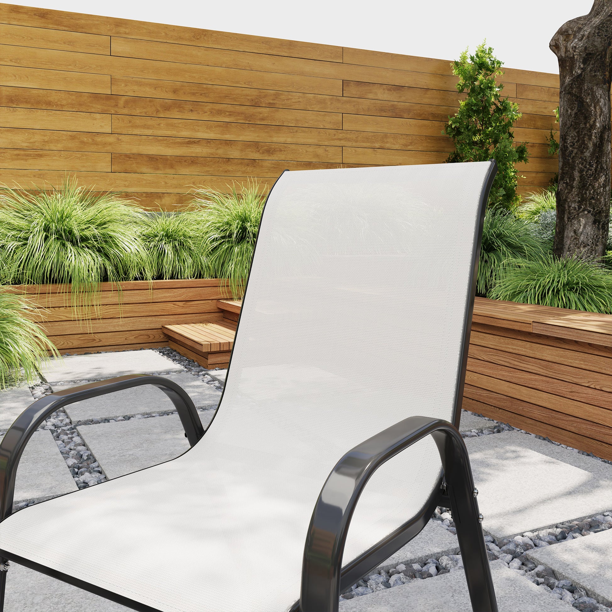 Set of 2 Outdoor Dining Chairs, Stackable Lawn Chairs with High Back, Breathable Mesh Seat for Garden Porch, Light Grey