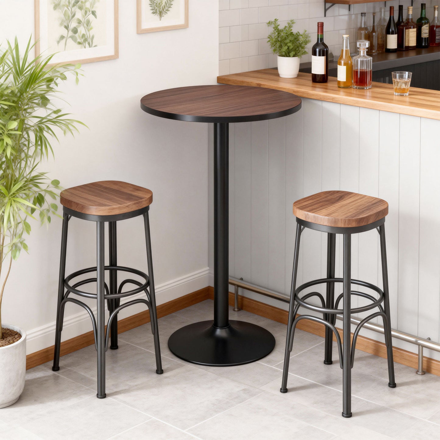 Round Bar Table 41 Inch Height, Industrial High Bistro Table with Metal Base and Elm Wood Top, Bar Height Table for Kitc