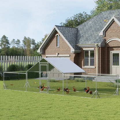 Chicken Run, 23' x 6.6' Metal Chicken Coop with Waterproof and Anti-UV Cover, Spire Roof, Door, for 12-14 Chickens, Duck