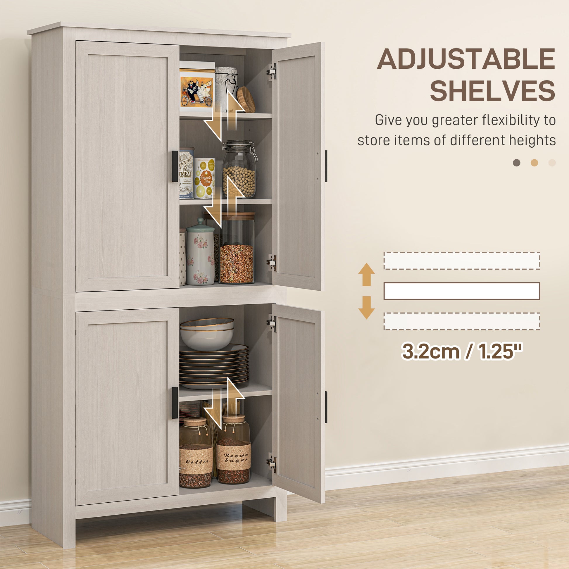 64" Kitchen Pantry Cabinet, Freestanding Storage Cabinet with 4 Doors, 3 Adjustable Shelves, Antique White