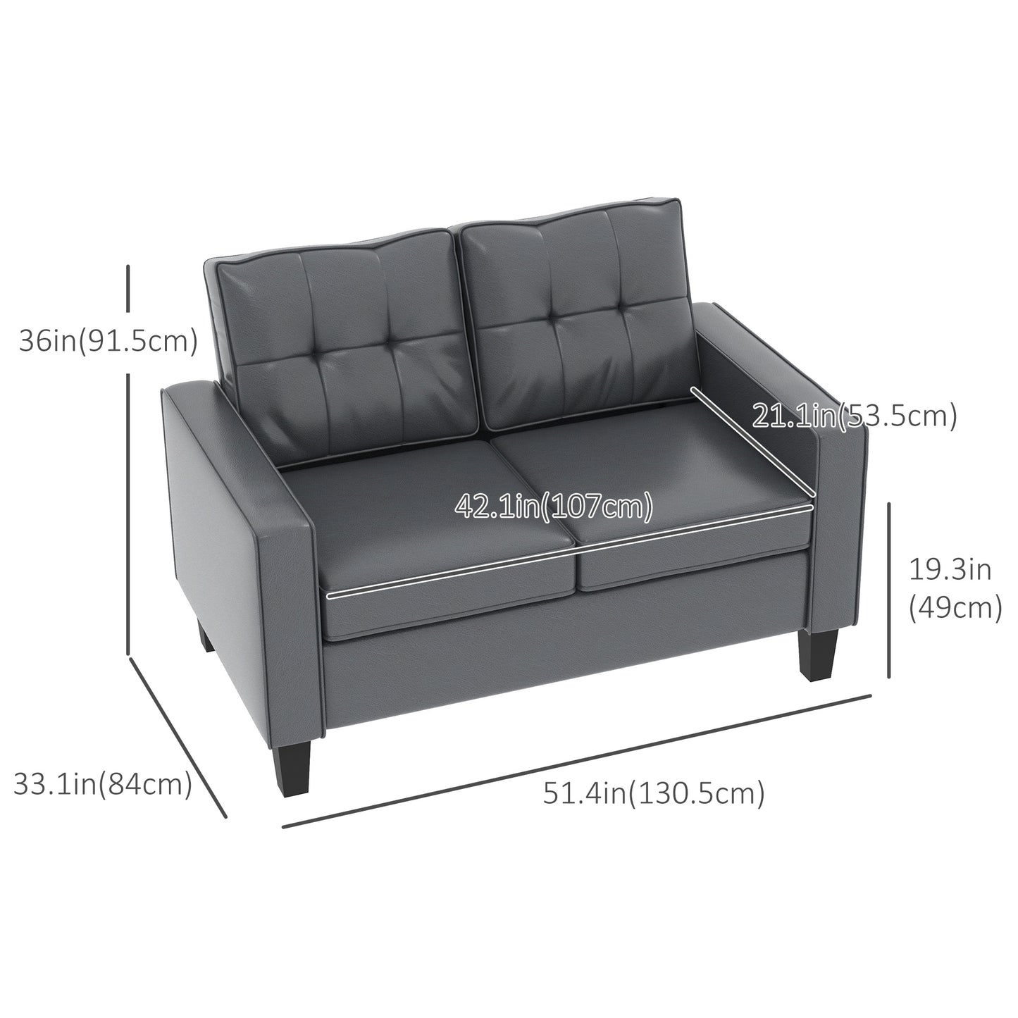 51" PU Leather Loveseat, Upholstered Double Sofa Couch with Armrests, Tufted Backrest, Pocket Spring and Sponge Padded C