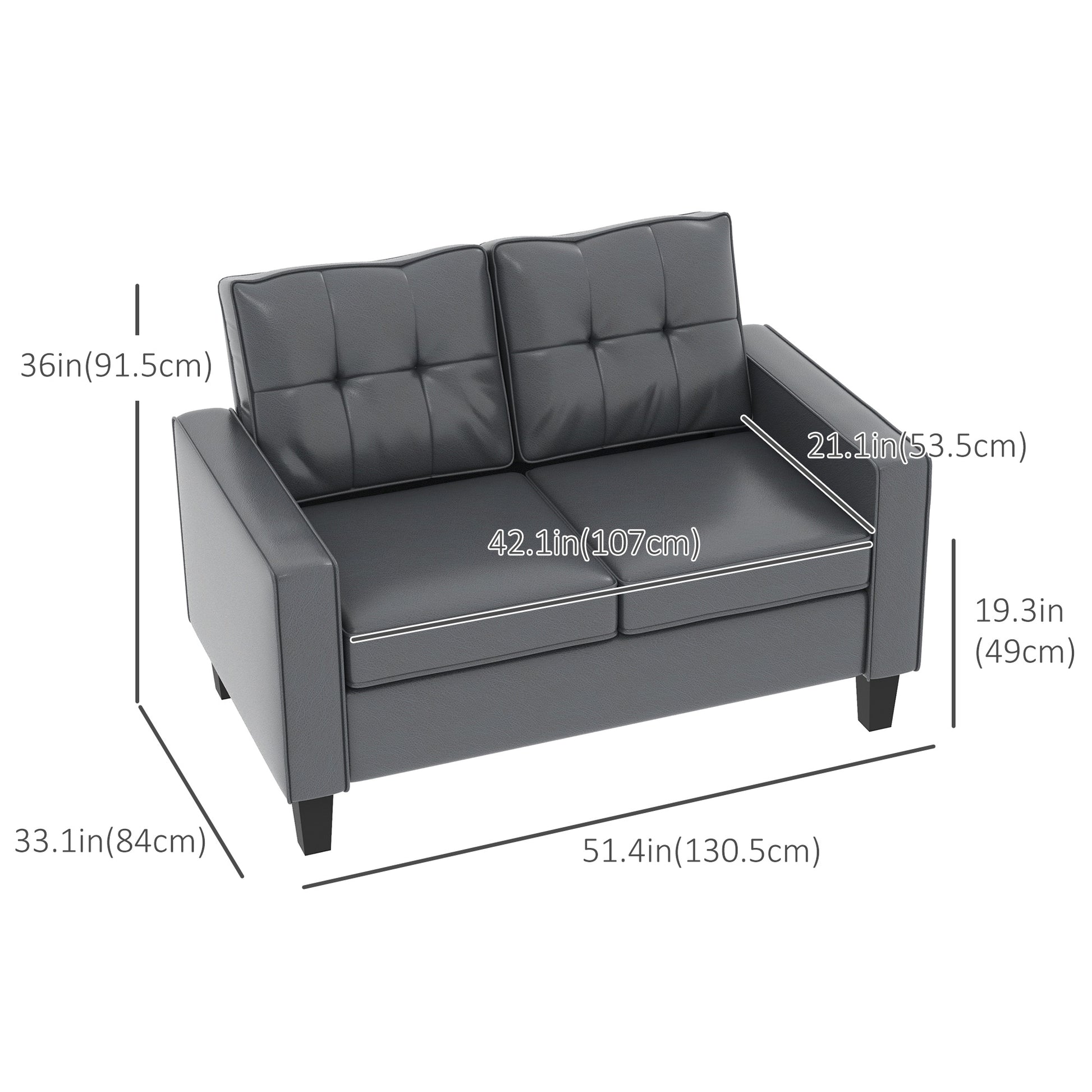 51" PU Leather Loveseat, Upholstered Double Sofa Couch with Armrests, Tufted Backrest, Pocket Spring and Sponge Padded C