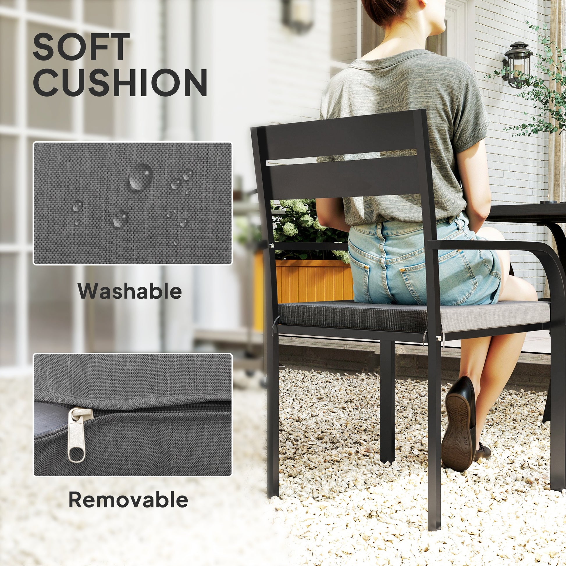 2 Piece Outdoor Dining Chairs with Aluminum Frame, Soft Cushion, for Deck, Garden, Balcony, Poolside, Grey