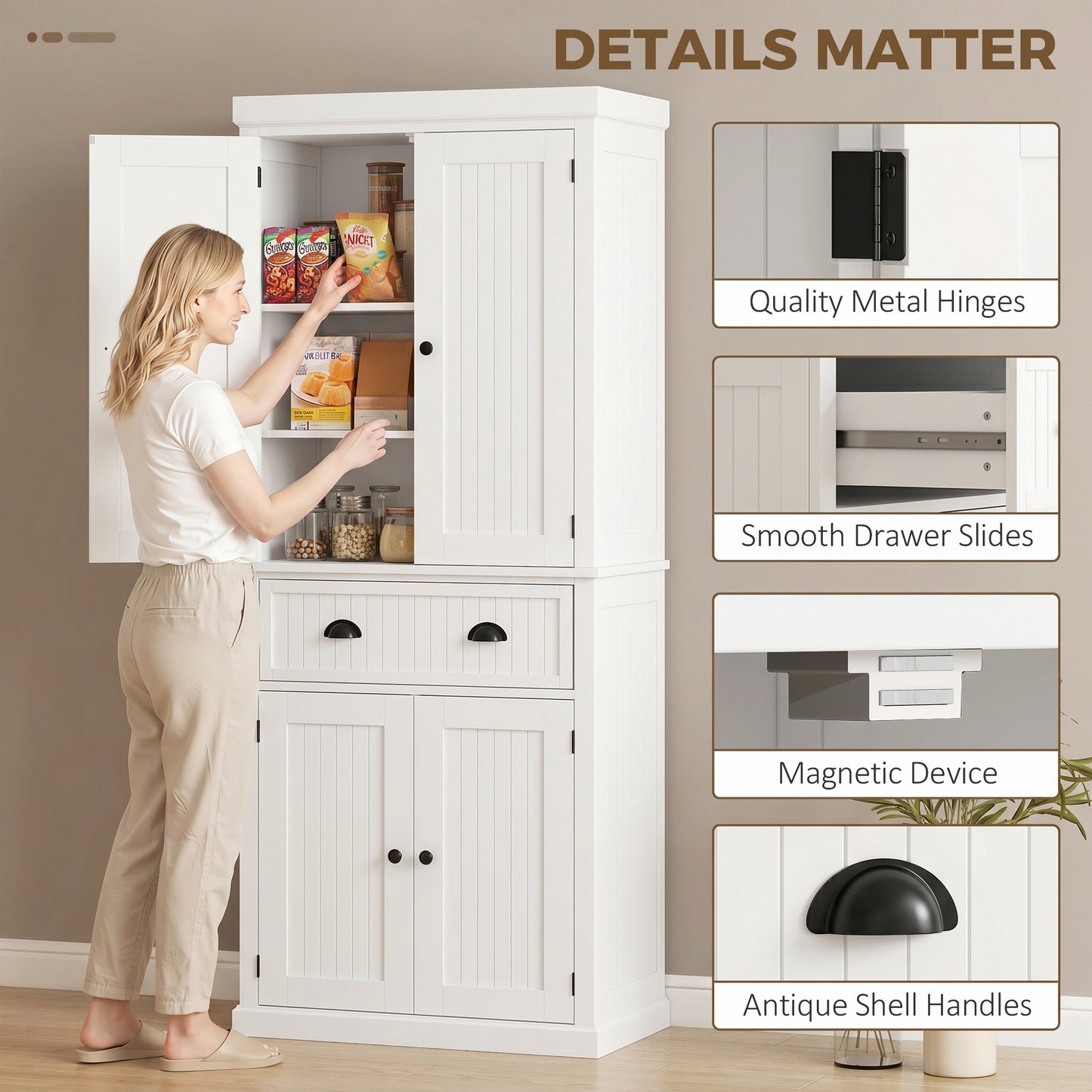 72" Kitchen Pantry, Freestanding Storage Cabinet with Drawer, Doors, White