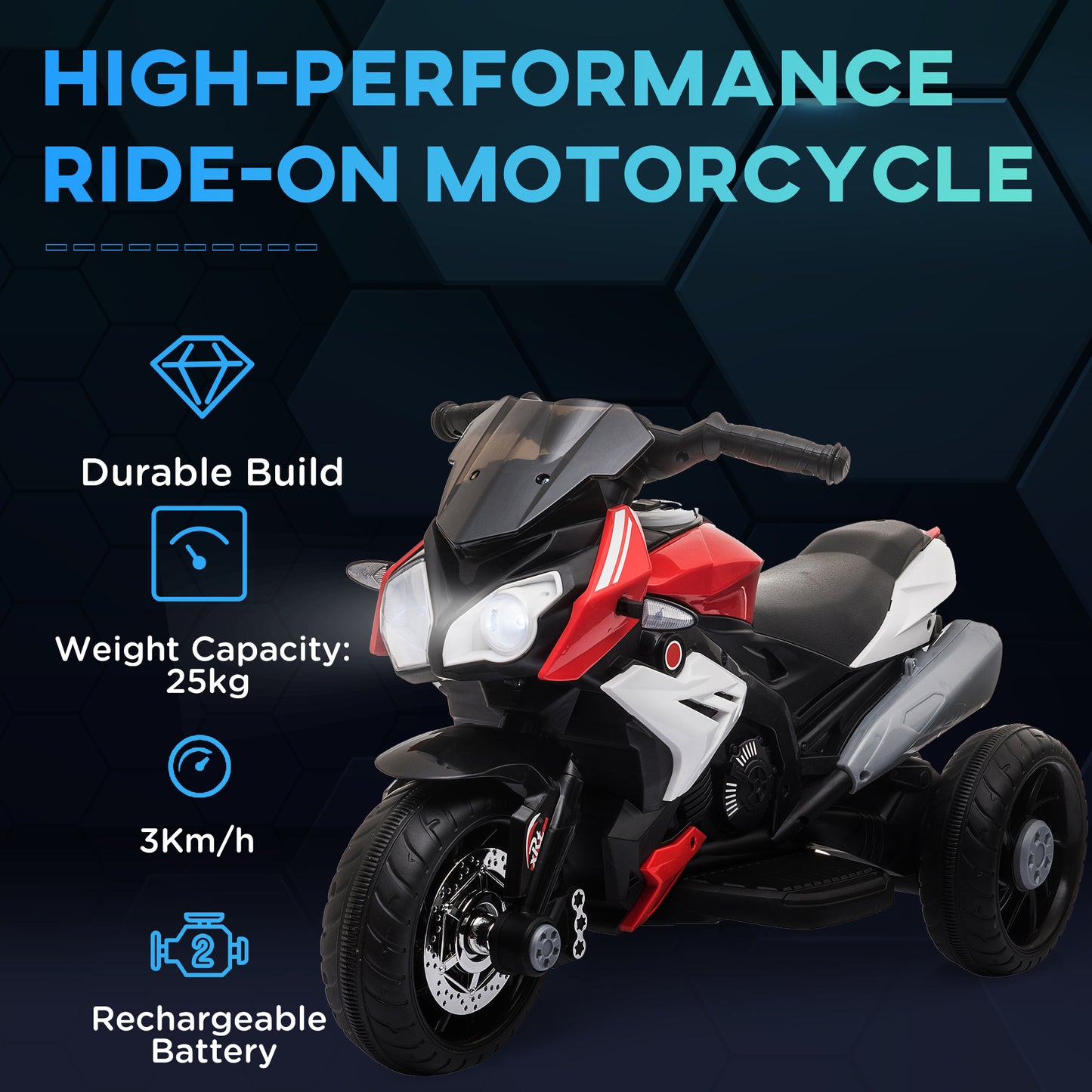 Qaba Kids Electric Motorcycle Ride-On Toy, with 3 Wheels, Music, Horn, Lights, Red
