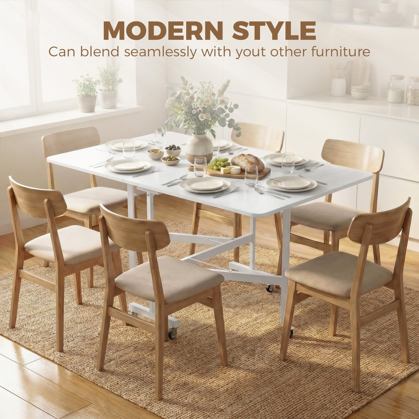 Six-Seater Drop-Leaf Dining Table with Wheels, White