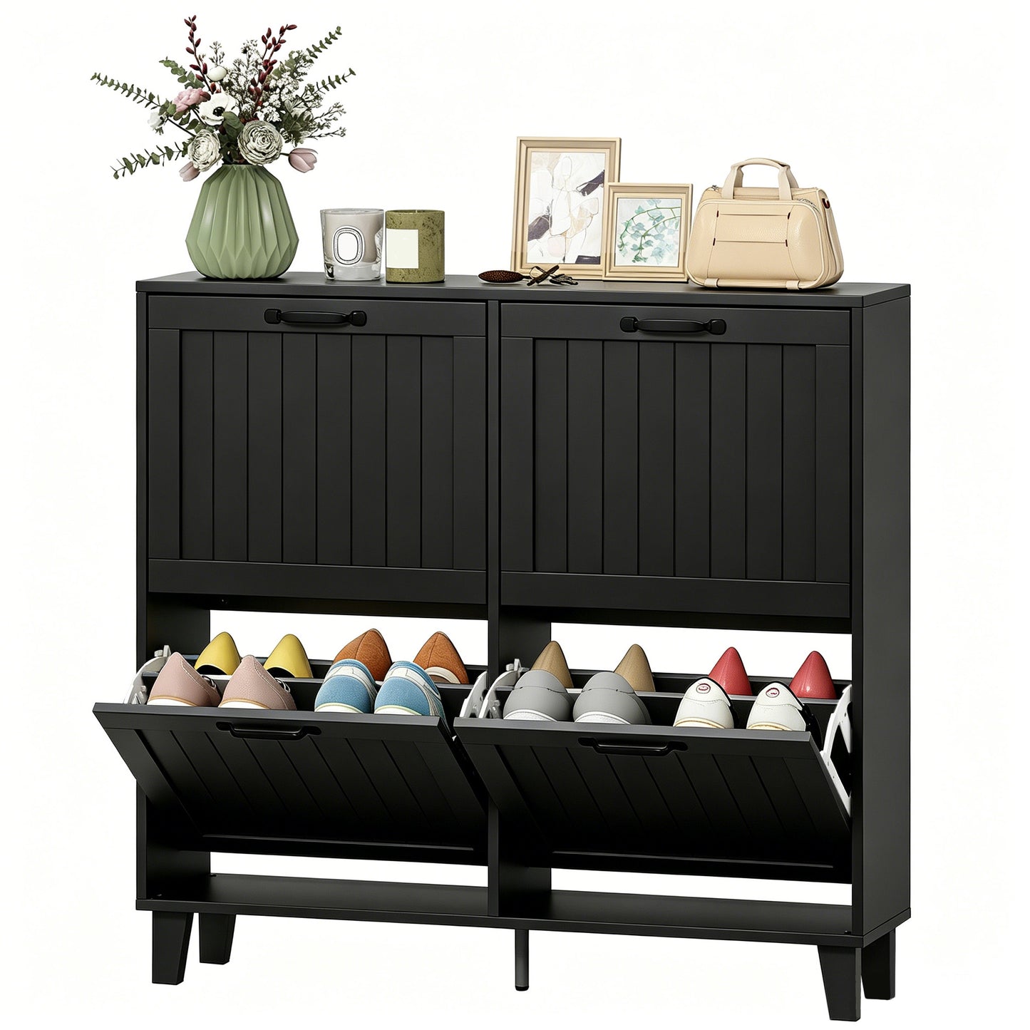 Shoe Cabinet with 4 Flip Drawers, Freestanding Narrow Shoe Storage Cabinet with Adjustable Shelves, Open Back, Black