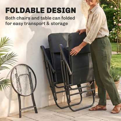 3pc Patio Foldable Rocking Chair Set, Outdoor Rocking Chairs and Table Bistro Set w/ Padded Seat, Headrest, Backrest for