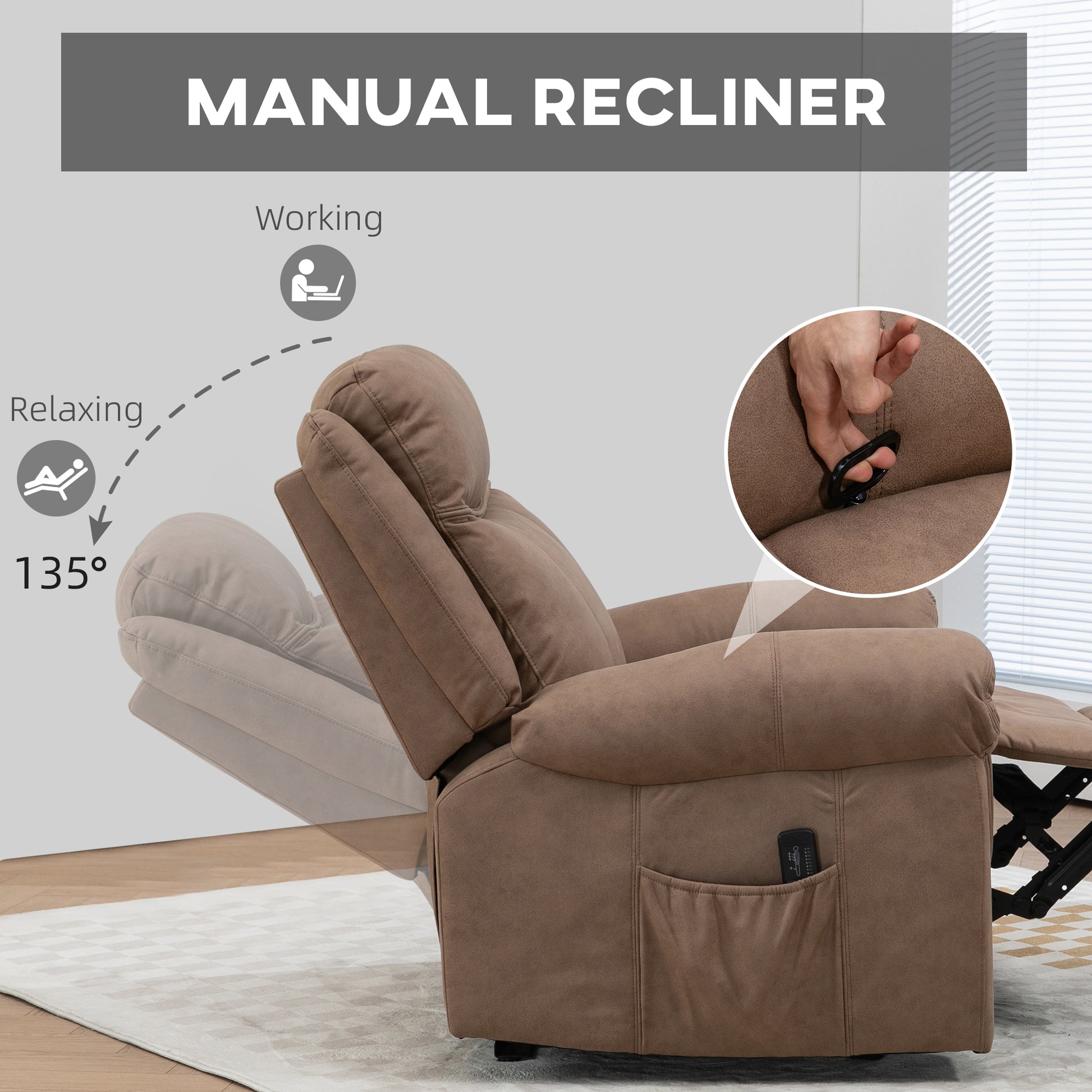 Manual Recliner Chair with Vibration Massage, Side Pockets, Microfibre Reclining Chair Nursing Chair for Living Room, Br