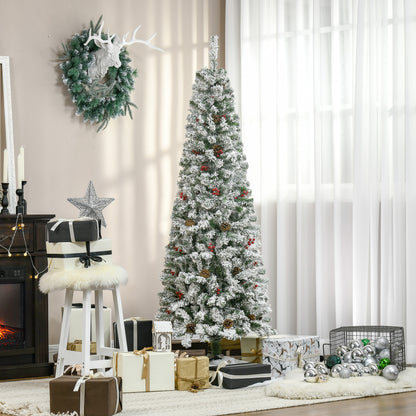 6 Foot Pencil Snow Flocked Artificial Christmas Tree with 600 Pine Realistic Branches, Pine Cones, Red Berries, Auto Ope