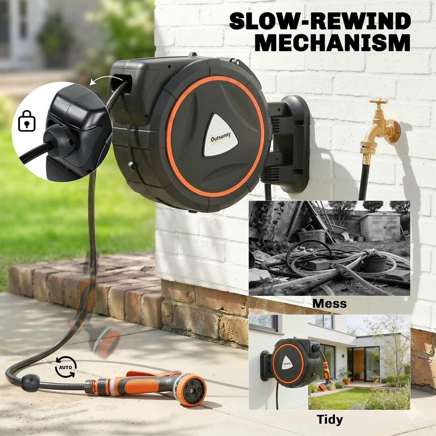 Retractable Garden Hose Reel, 1/2"x75.5ft Wall Mounted Hose Reel with 12-Pattern Nozzles, Auto Retraction, Self-Locking