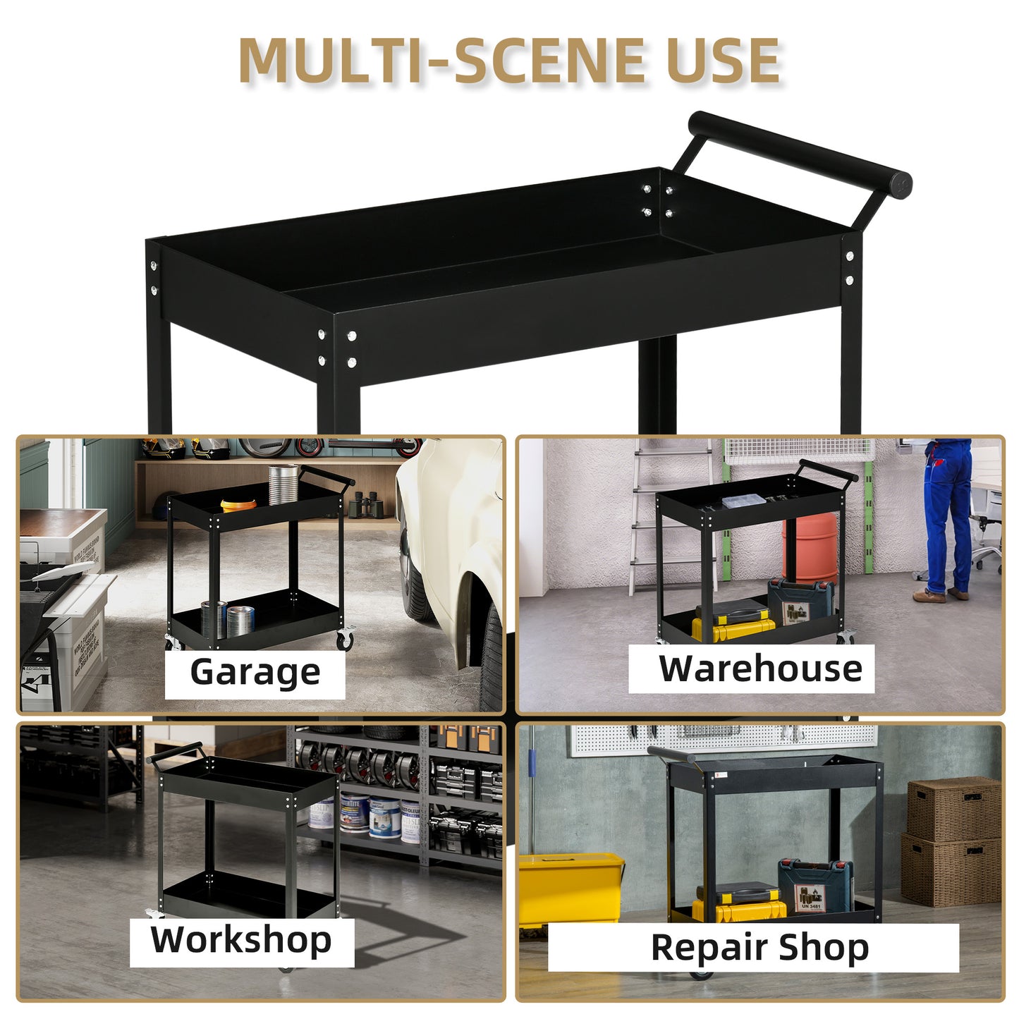 Rolling Tool Cart, 2 Tier Mobile Service Utility Cart with Wheels, Black