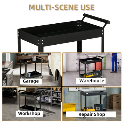 Rolling Tool Cart, 2 Tier Mobile Service Utility Cart with Wheels, Black