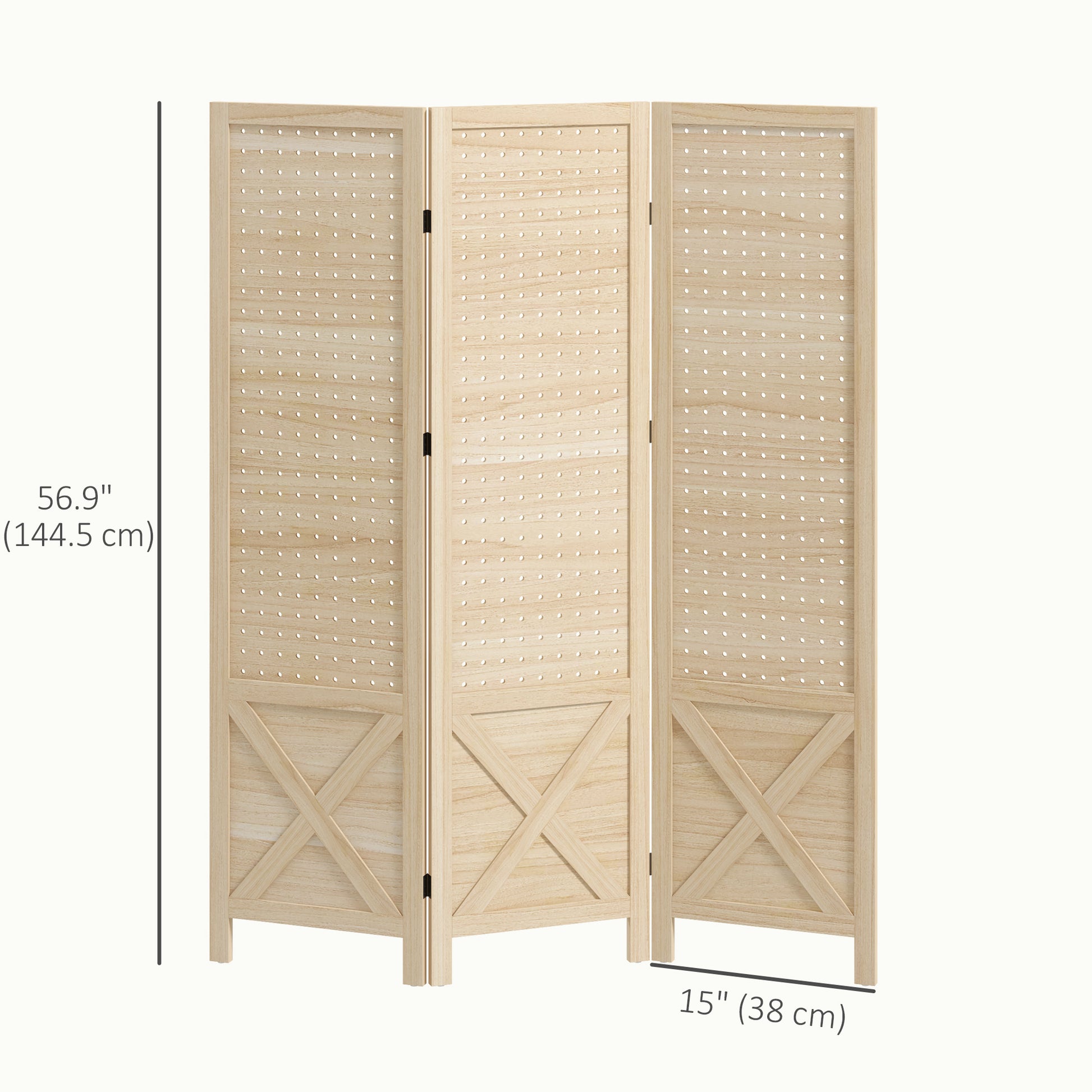 4.7' 3 Panel Wooden Room Divider with Pegboard Display, Folding Privacy Screen for Home Office, Natural
