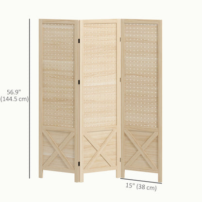 4.7' 3 Panel Wooden Room Divider with Pegboard Display, Folding Privacy Screen for Home Office, Natural