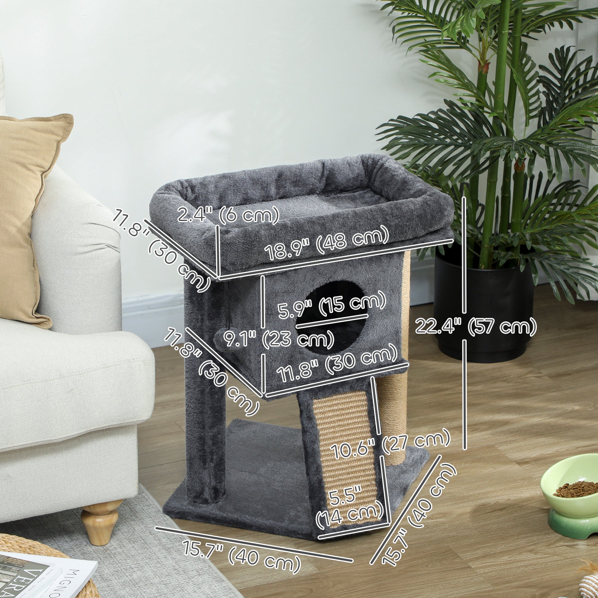 Cat Tree, Small Cat Tower with Perch, Scratching Post, Cat Condo, Toy Ball for Kitty, Indoor Use, Dark Grey