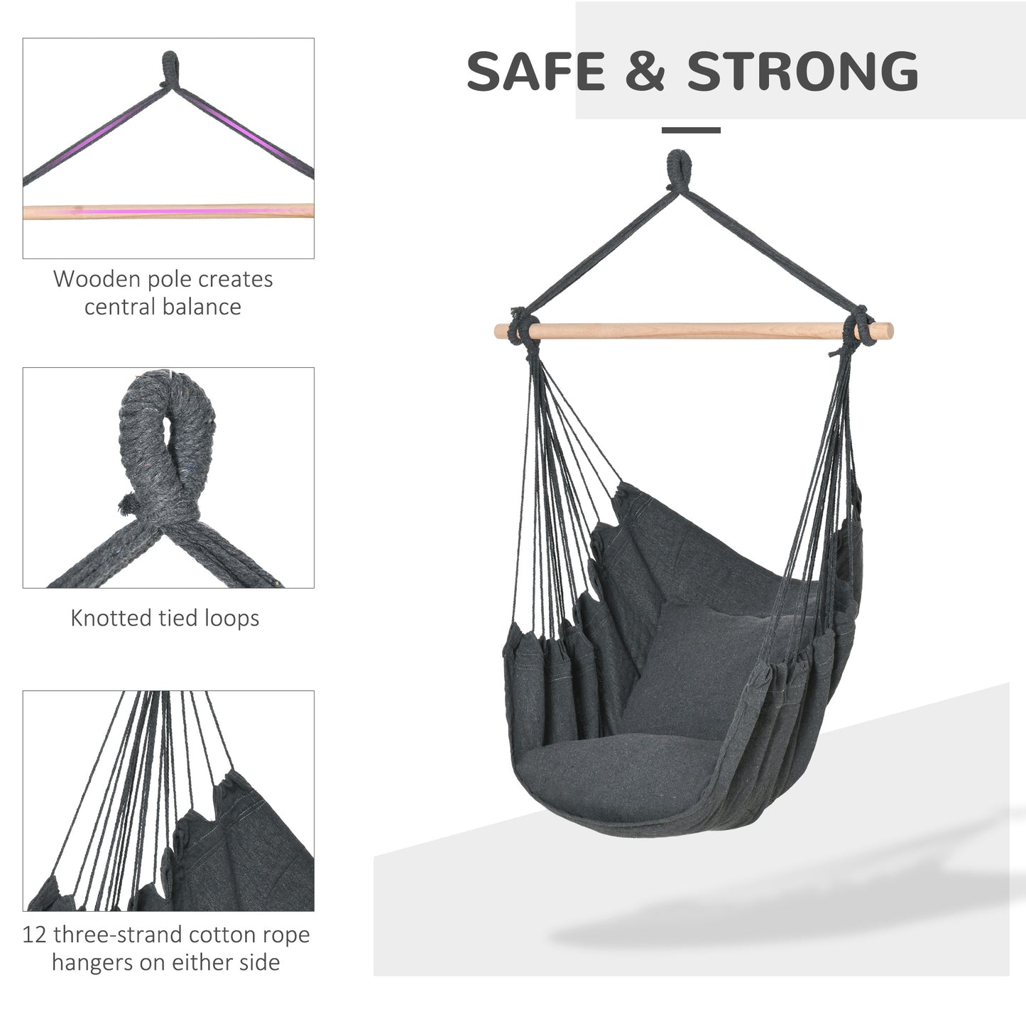 Hammock Chair Swing Hanging Macrame Chair Cotton w/ Two Soft Seat Cushions, for Bedroom Indoor Outdoor Ideal Gift for Ki
