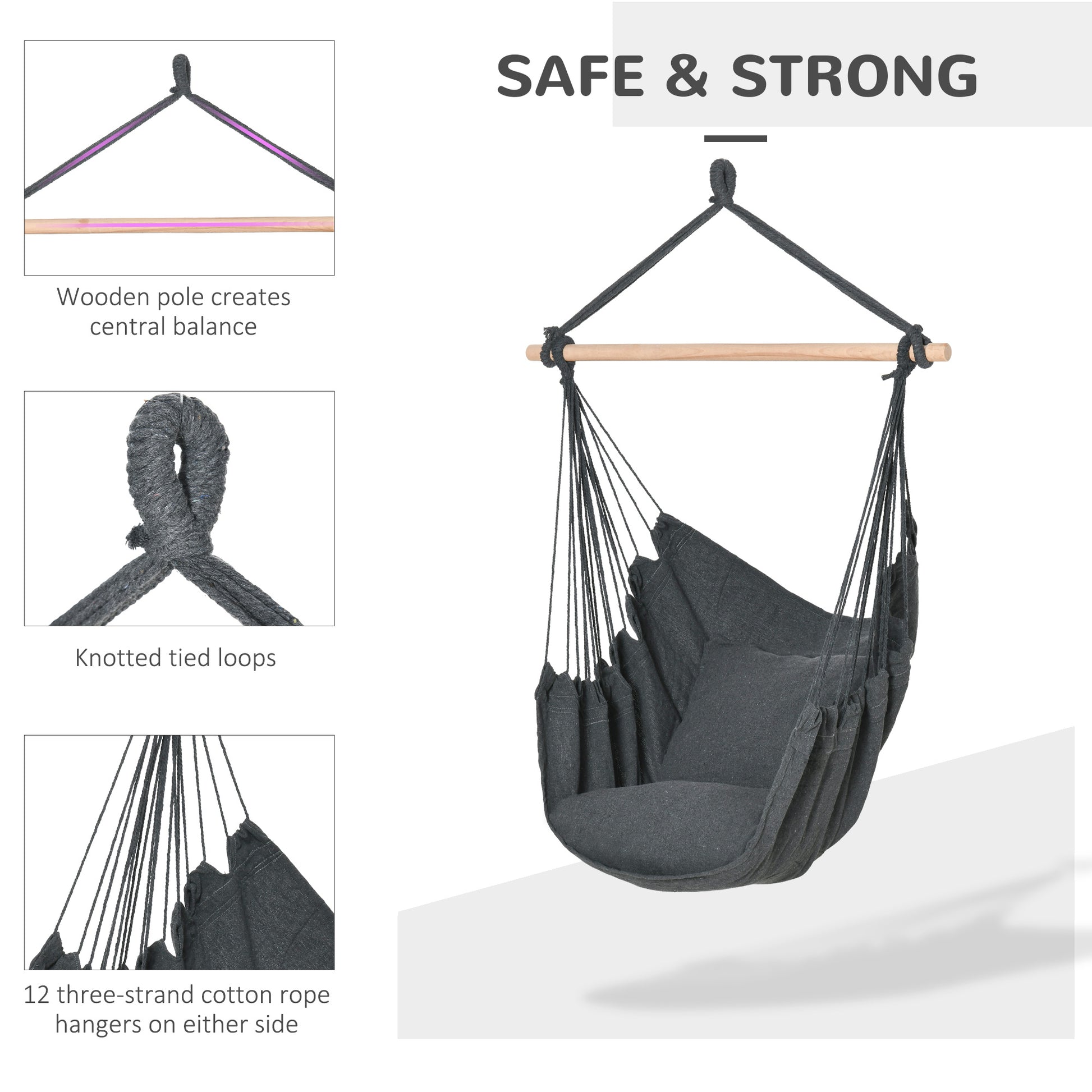 Hammock Chair Swing Hanging Macrame Chair Cotton w/ Two Soft Seat Cushions, for Bedroom Indoor Outdoor Ideal Gift for Ki