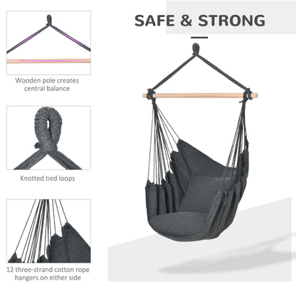 Hammock Chair Swing Hanging Macrame Chair Cotton w/ Two Soft Seat Cushions, for Bedroom Indoor Outdoor Ideal Gift for Ki