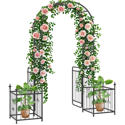 7.2FT Metal Garden Arch with Gate, 2 Side Planter Baskets, Garden Arbor Archway Trellis for Roses and Climbing Plants, B