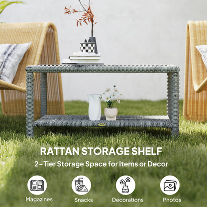 35" Outdoor Wicker Coffee Table with Glass Top, Storage Shelf for Garden Porch Balcony Deck, Dark Grey