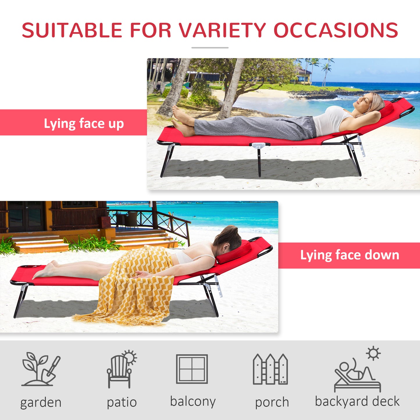 Folding Chaise Lounge Chair, Reclining Beach Tanning Chair with Face Hole, Pillow, 4-Position Adjustable Lay Flat Sun Lo