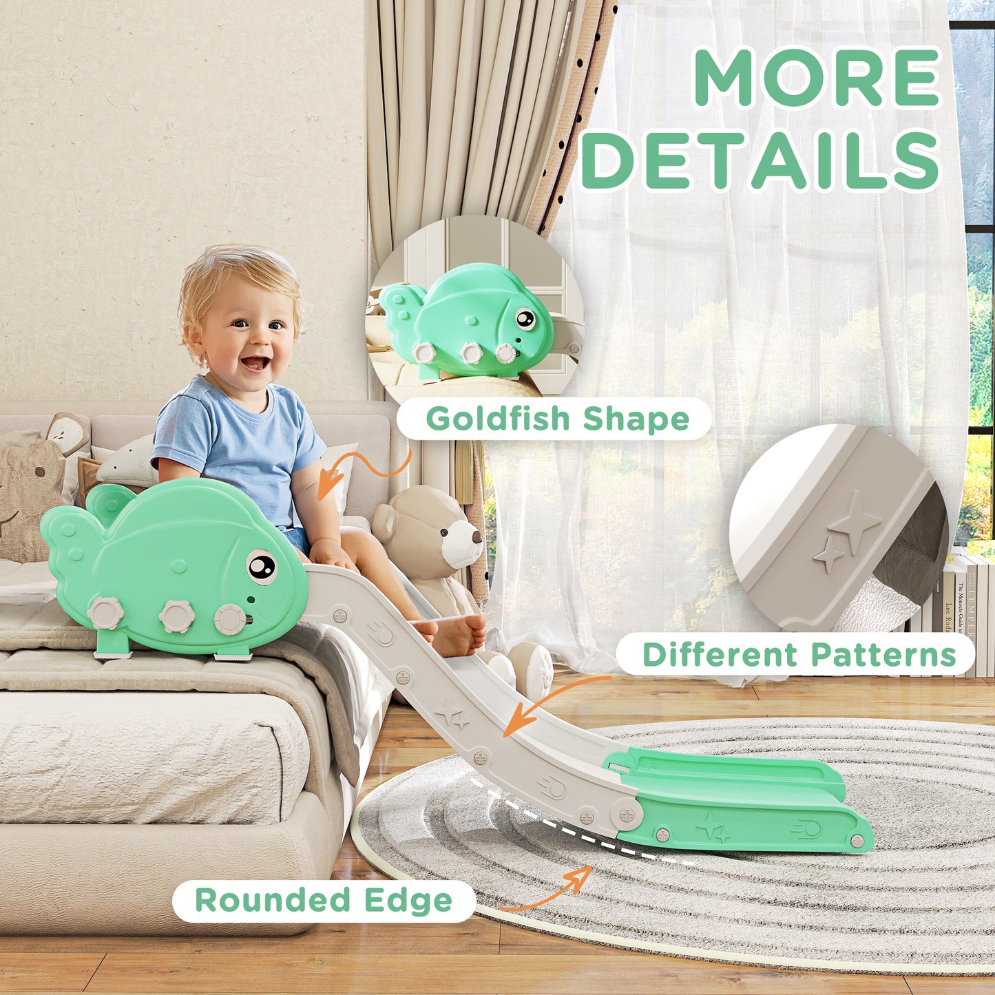 Qaba Toddler Couch Slide for Bed, Sofa, Stairs, Easy Assemble & Storage, for 18-48 Months, Green