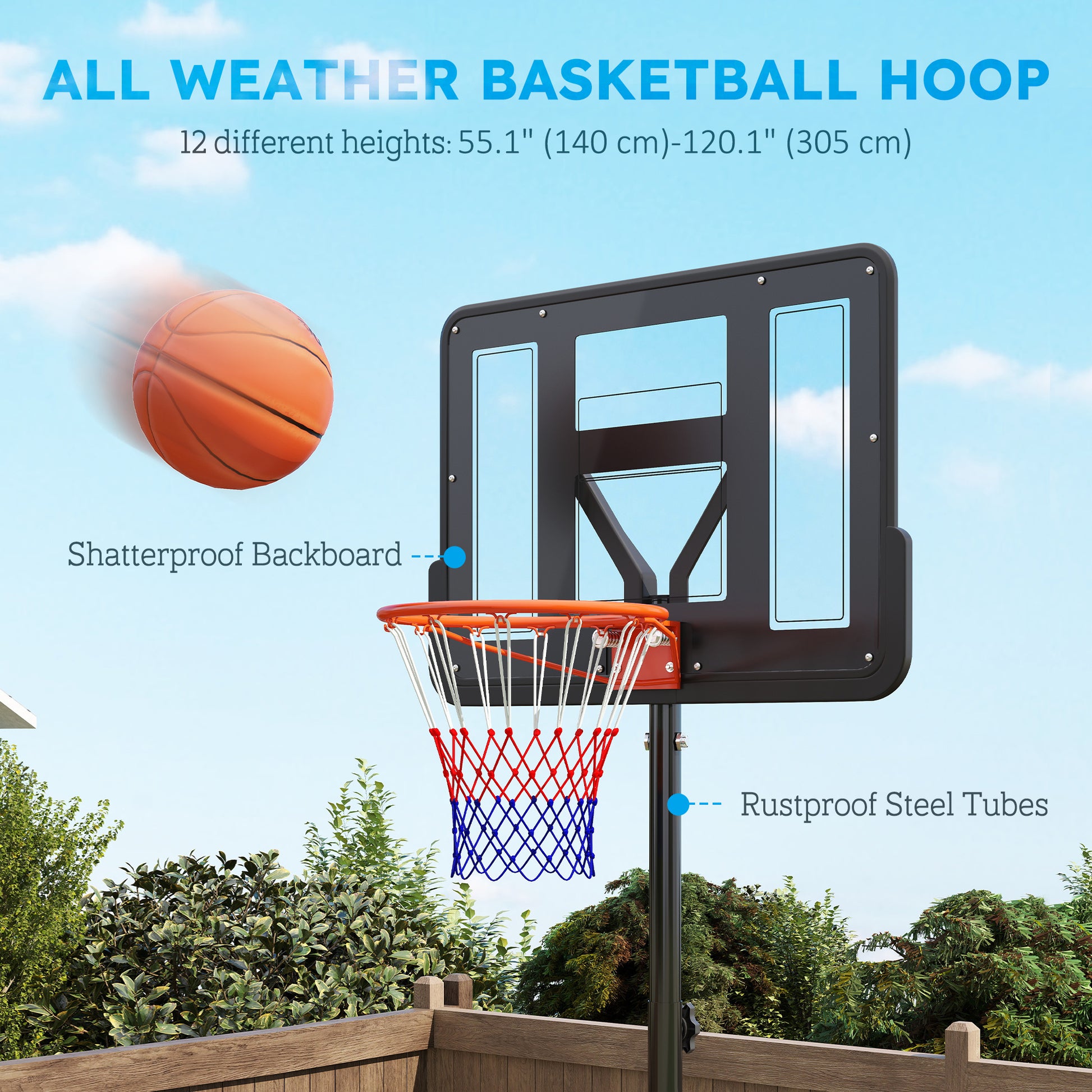 Soozier Basketball Hoop Outdoor, 4.6-10ft Portable Basketball Goal with Wheels and 43" Backboard, for Teenagers Youth Ad