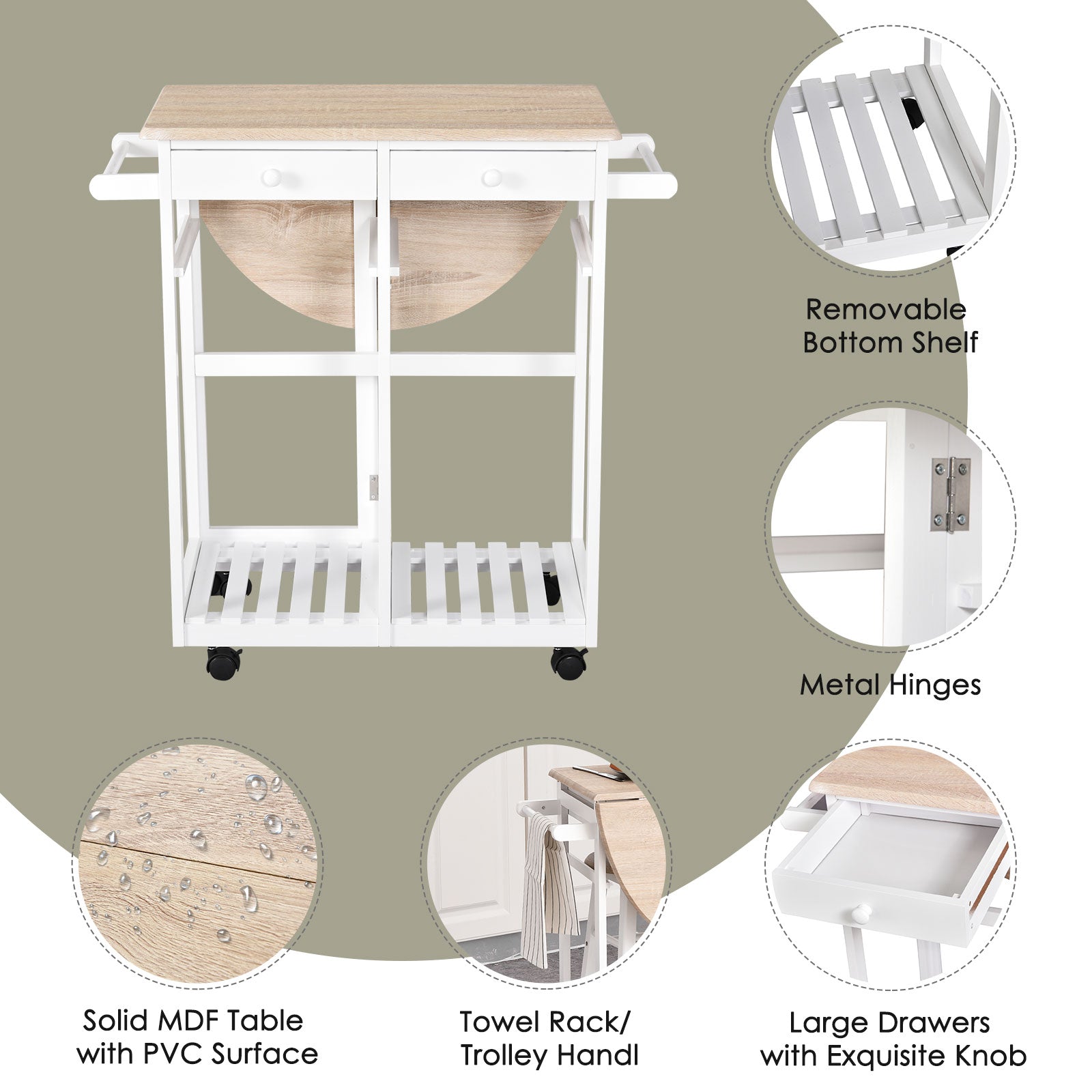 Kitchen Trolley 3 Piece Kitchen Cart Set Drop Leaf Breakfast Table and 2 Stools w/ Rolling Wheels & Towel Bars, Wood & W
