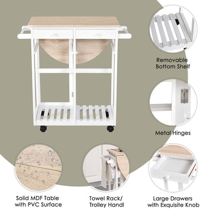 Kitchen Trolley 3 Piece Kitchen Cart Set Drop Leaf Breakfast Table and 2 Stools w/ Rolling Wheels & Towel Bars, Wood & W
