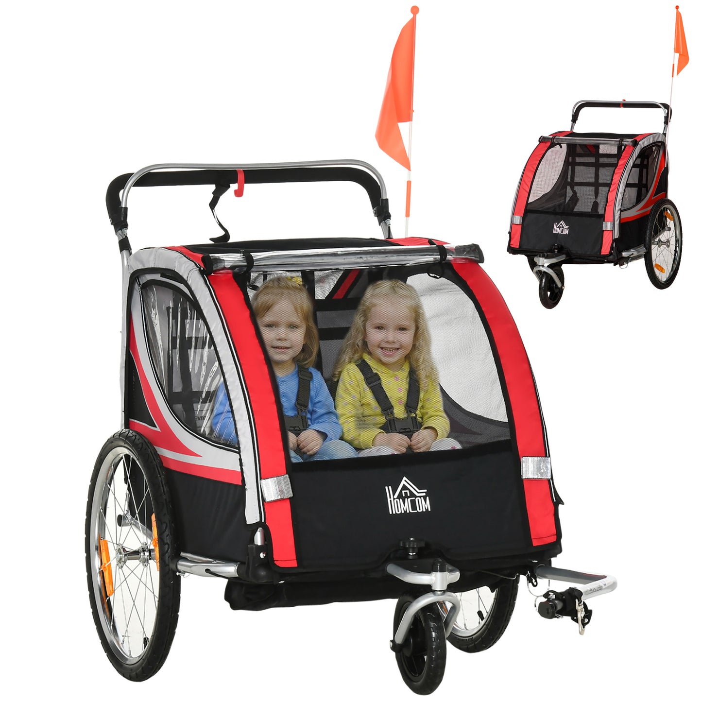VarietyKart 2 Seat Bike Trailer for Kids 2-in-1 Double Baby Stroller with Handbrake, Rubber Wheels, 5 Point Harness, Wat