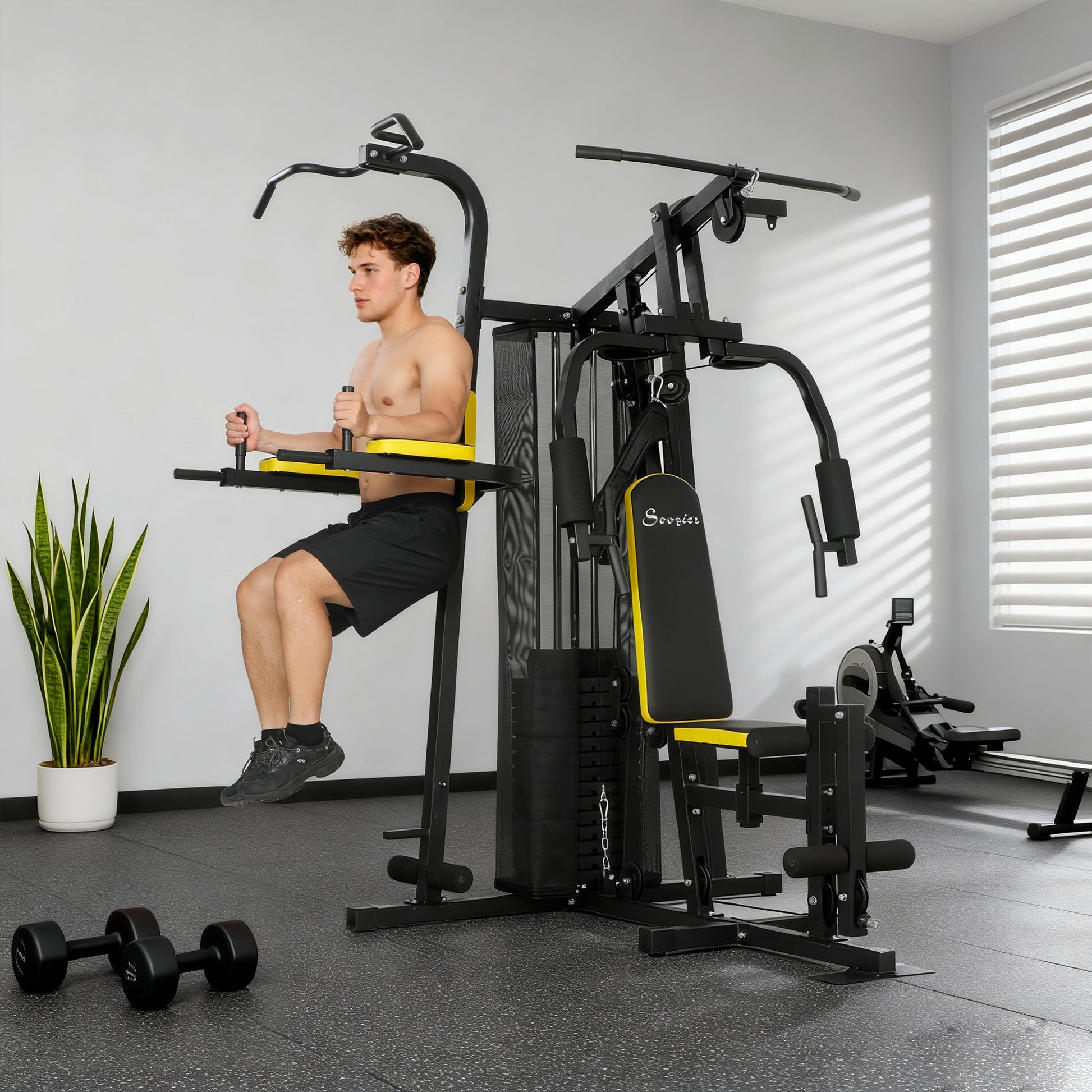 Soozier Multifunction Power Tower for Back, Chest, Arms & Leg Workouts All-in-One Home Gym with Weight Stack and Pulley 