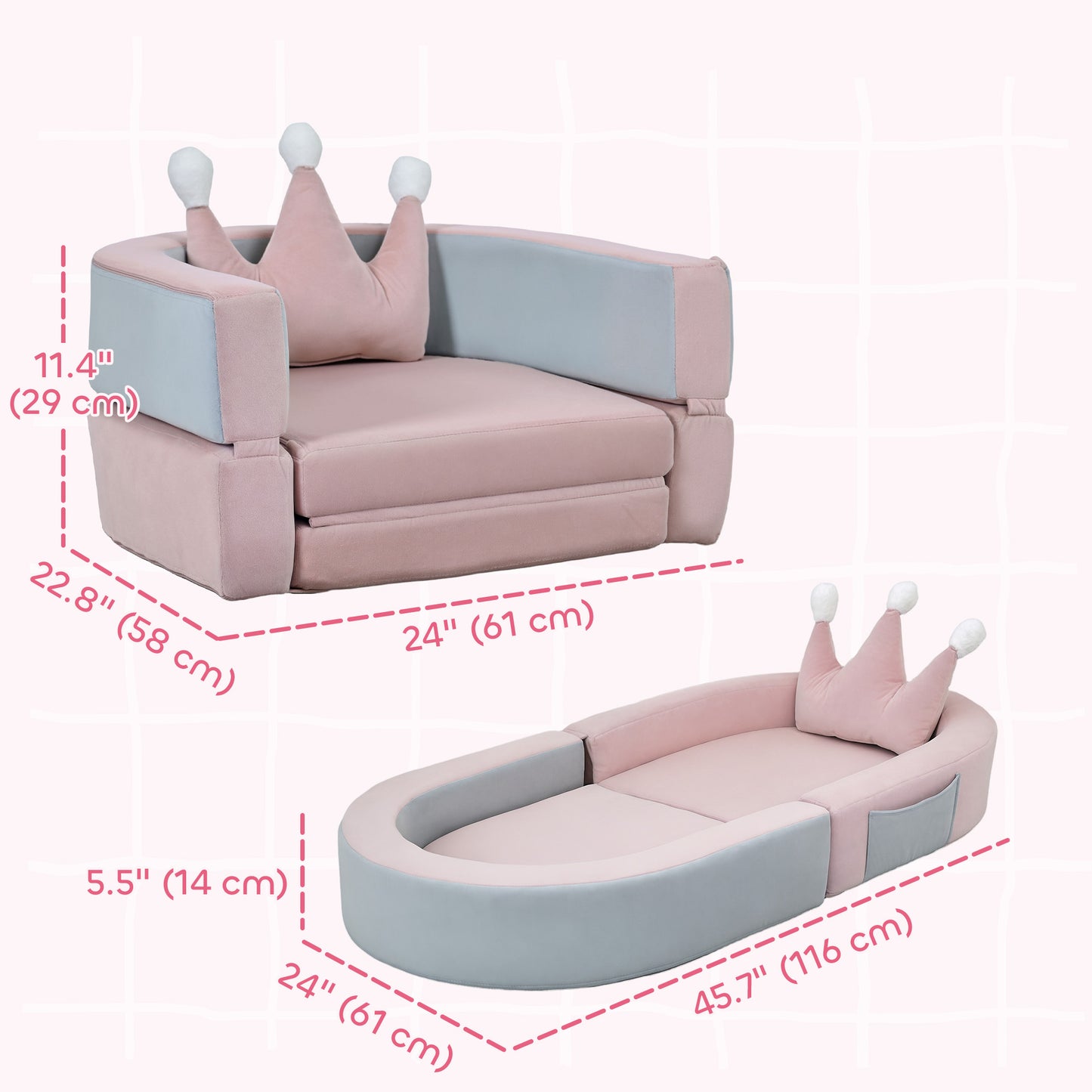 Qaba 3-in-1 Convertible Climbing Toys for Toddlers with Crown Cushion, Fold Out Toddler Couch to Lounger & Play Area, Pi