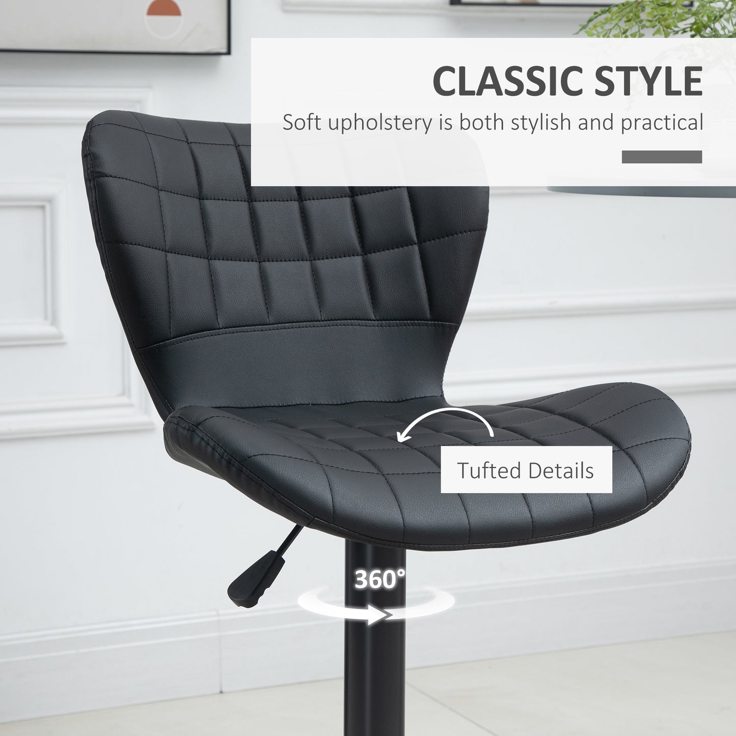 Bar Stools Set of 2, Adjustable Height Swivel Bar Chairs, PU Leather Upholstered Kitchen Counter Stools with Wide Seat, 
