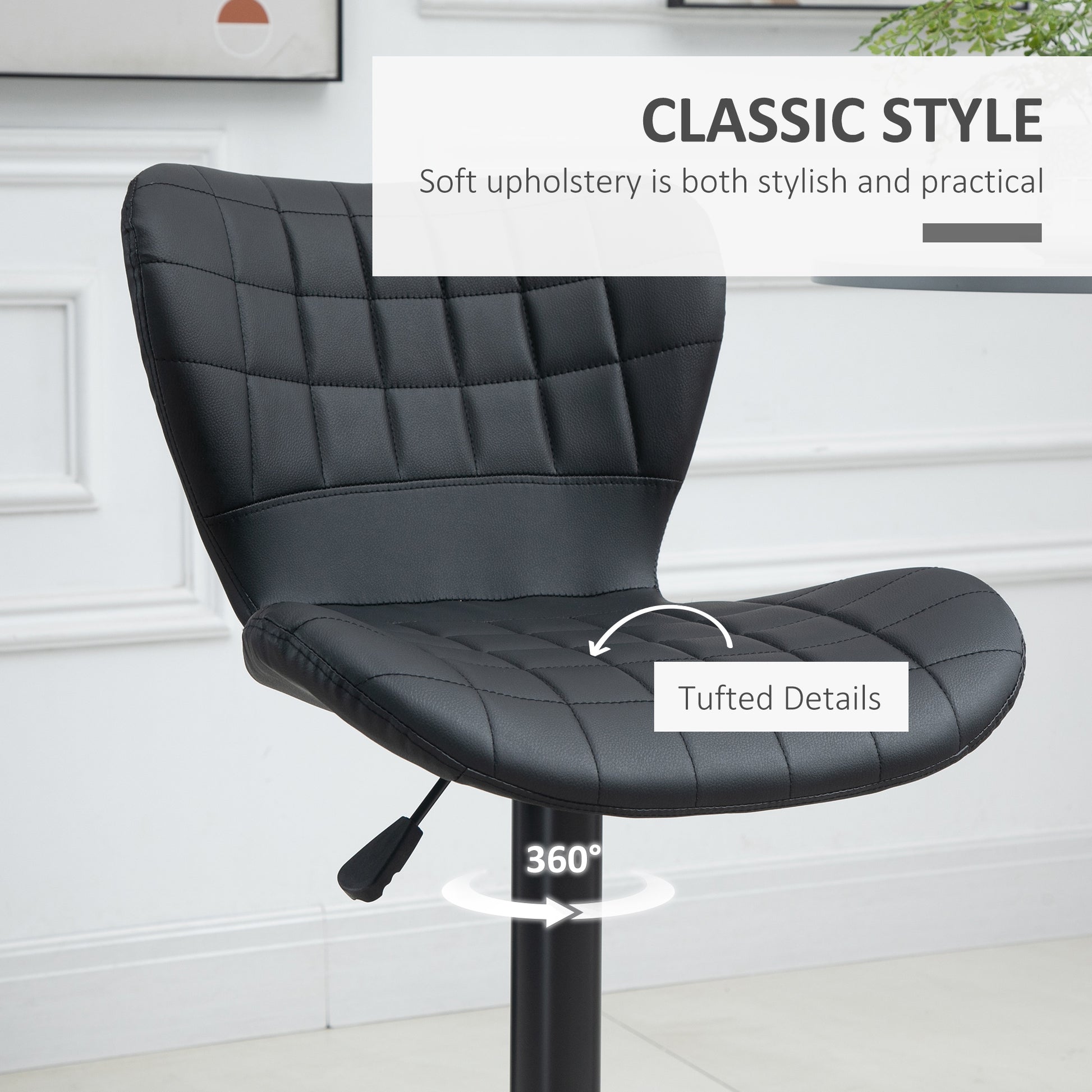 Bar Stools Set of 2, Adjustable Height Swivel Bar Chairs, PU Leather Upholstered Kitchen Counter Stools with Wide Seat, 