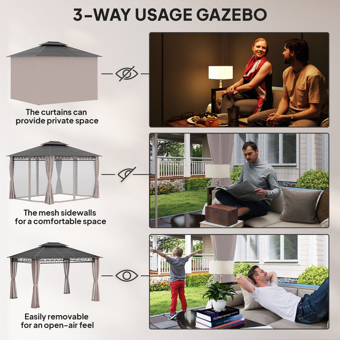 10' x 12' Outdoor Gazebo Canopy, Double Roof Hardtop Gazebo with Polycarbonate Roof, Steel Frame, Nettings and Curtains,