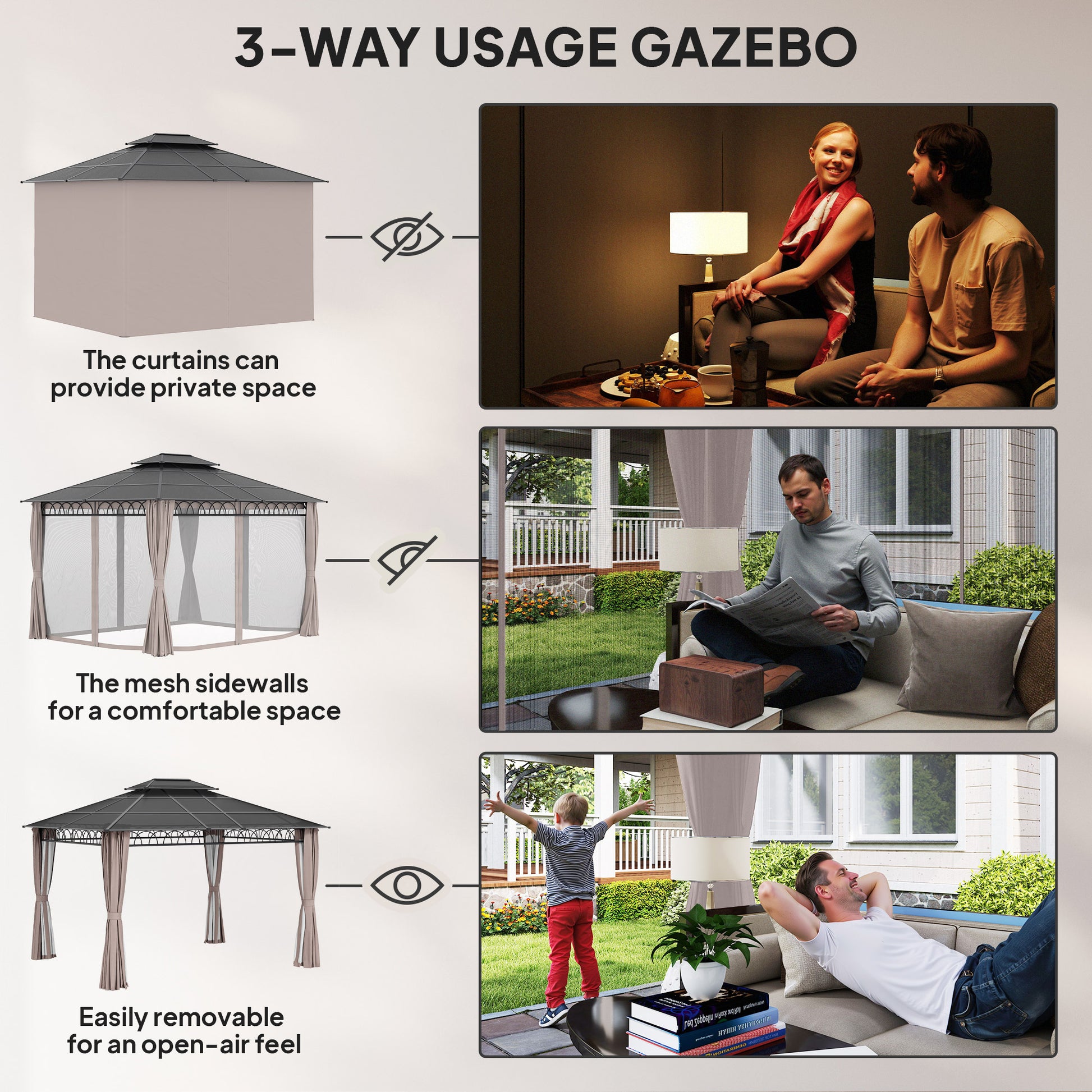10' x 12' Outdoor Gazebo Canopy, Double Roof Hardtop Gazebo with Polycarbonate Roof, Steel Frame, Nettings and Curtains,