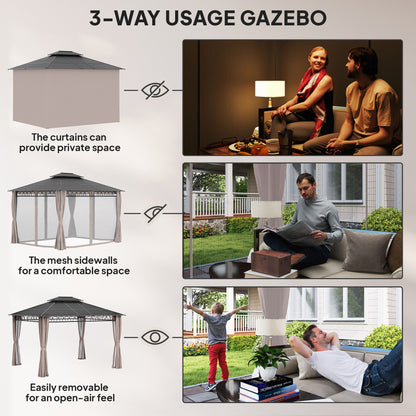 10' x 12' Outdoor Gazebo Canopy, Double Roof Hardtop Gazebo with Polycarbonate Roof, Steel Frame, Nettings and Curtains,