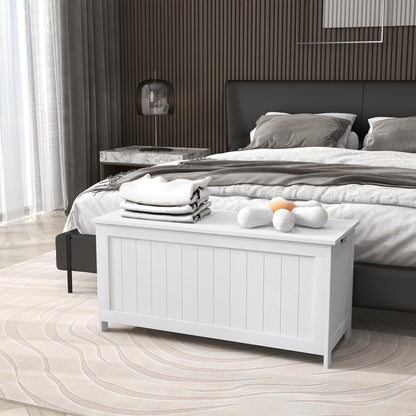 Storage Trunk with 2 Safety Hinges, Modern Entryway Bench with Side Handles, Storage Chest for Living Room, White