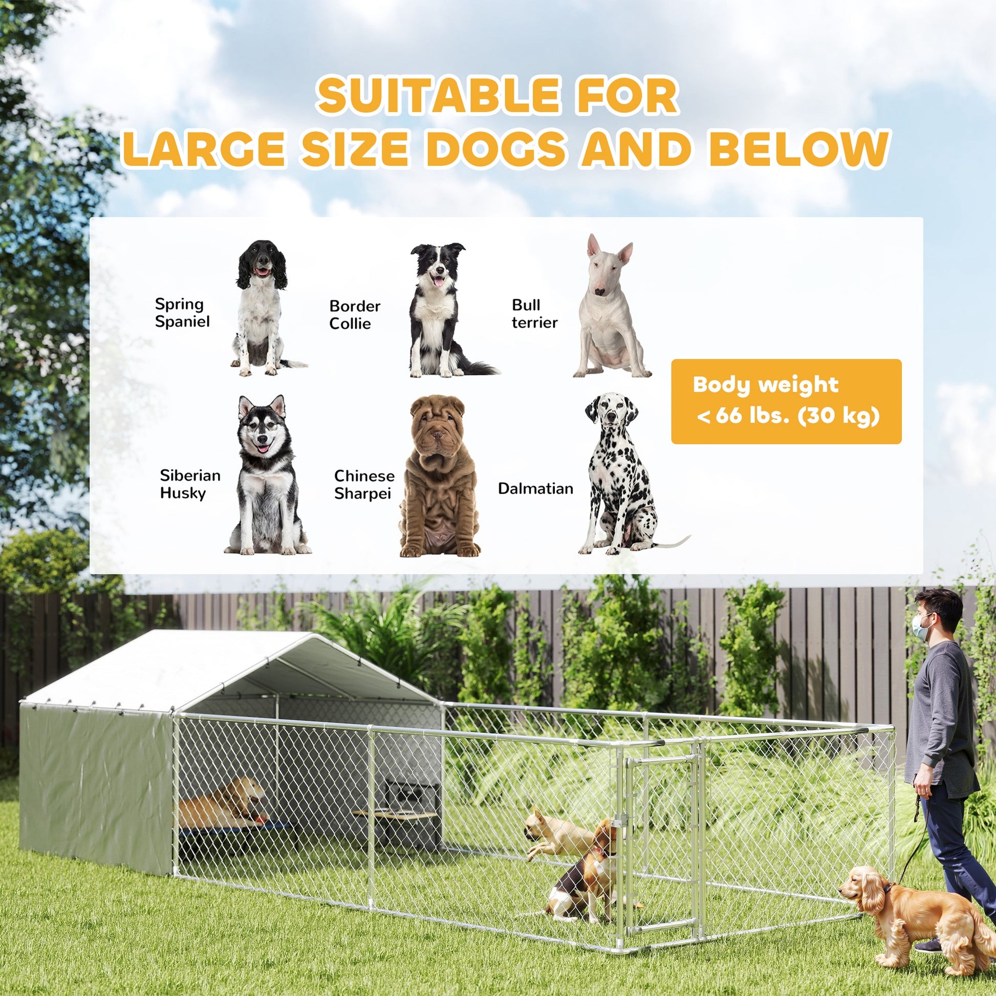Galvanized Steel Dog Kennel Outdoor with Waterproof & UV-Resistant Cover for Large Dogs, 19.7' x 7.5' x 4.9'